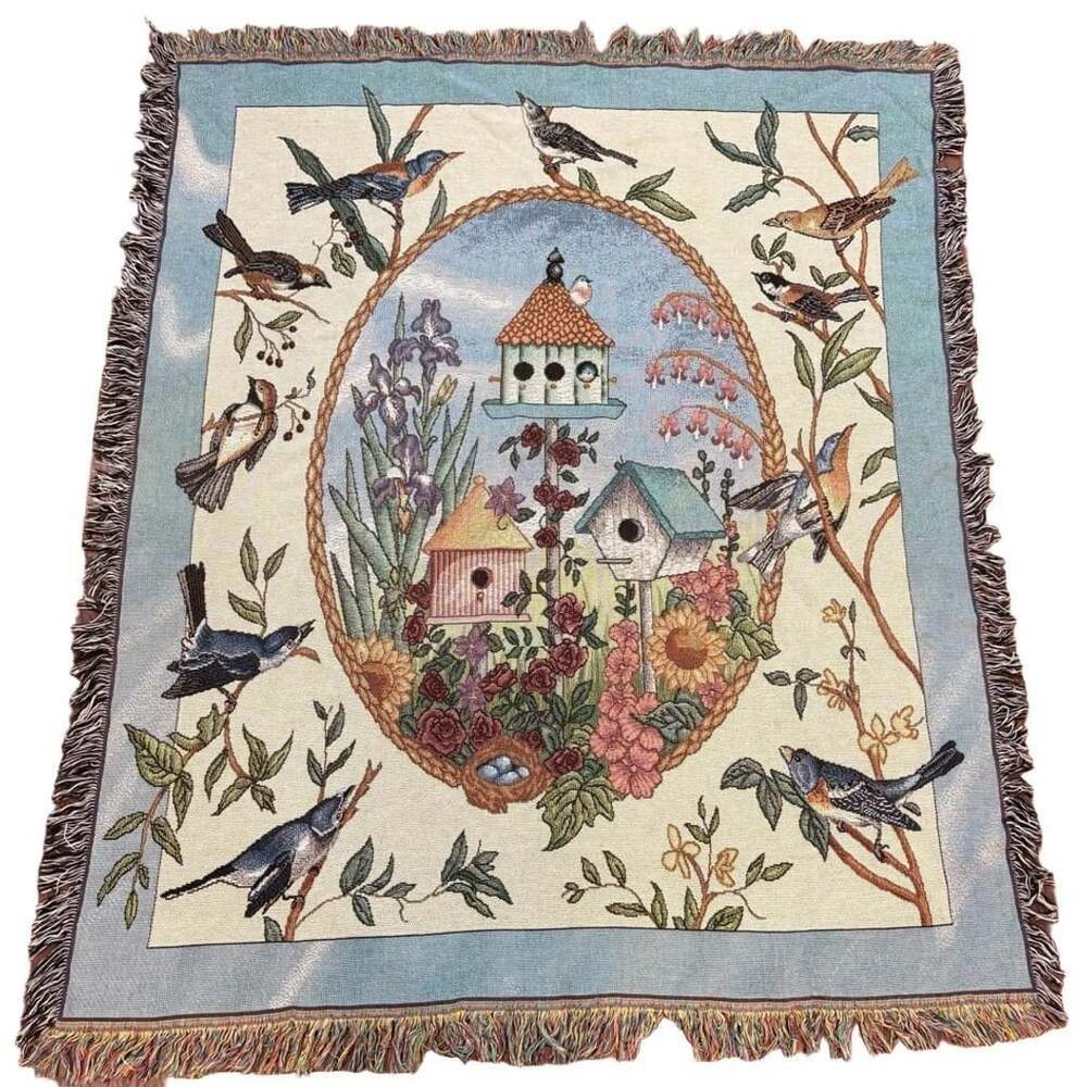 Vintage Woven Birdhouse Tapestry Throw Blanket Floral Garden Cottagecore 36x 26